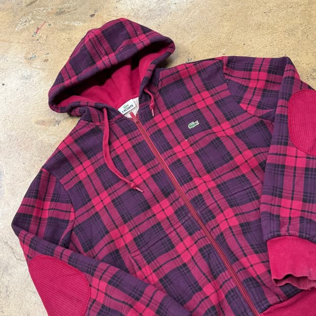 라코스테 체크패턴 레드 후드집업