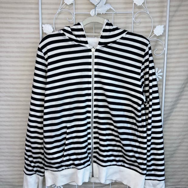 빈티지 블랙 화이트 스트라이프 후드 집업 y2k 스트릿 갸루 펑키 