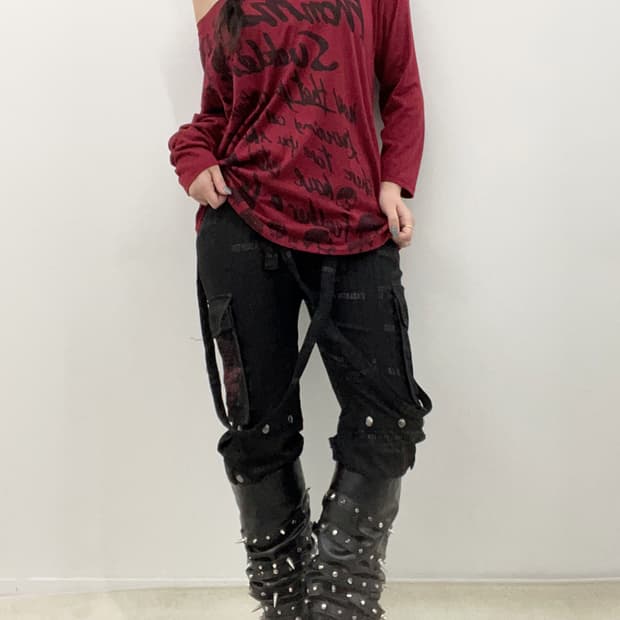 punk skull printing Red U-neck T-shirt