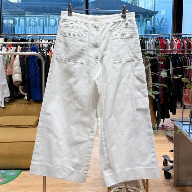 메종 마르지엘라 화이트 데님 백 스티치 와이드 팬츠 