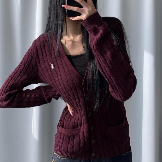 폴로 랄프로렌 버건디 꽈배기 가디건