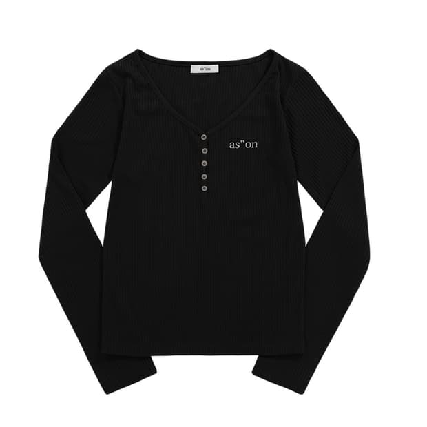 WISH RIBBED BUTTON TEE / BLACK 애즈온 롱슬리브