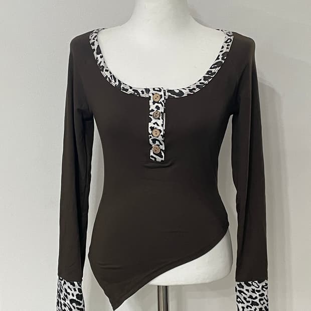 나눔) 브라운 호피 딱붙핏 언발 롱슬리브 라떼갸루 레오파드 초코