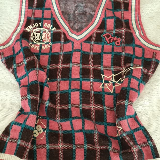 [빈티지] PING 핑크 체크 니트 조끼 하이틴룩 골프웨어