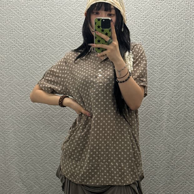 빈티지 코지 모리걸 키치 땡땡이 도트 포켓 반팔 블라우스 K0297