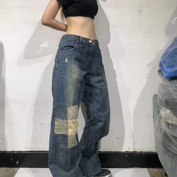 일본 빈티지 중청 패치워크 데미지 워싱 와이드 데님 팬츠