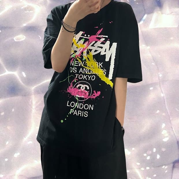 스투시 월드투어 페인트 페인팅 반팔 티셔츠 블랙 XL