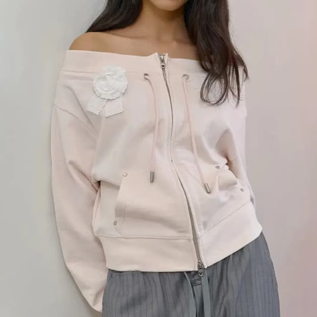 비터셀즈 오프숄더 후드 집업 라이트 핑크 BITTERCELLS 비터쉘즈