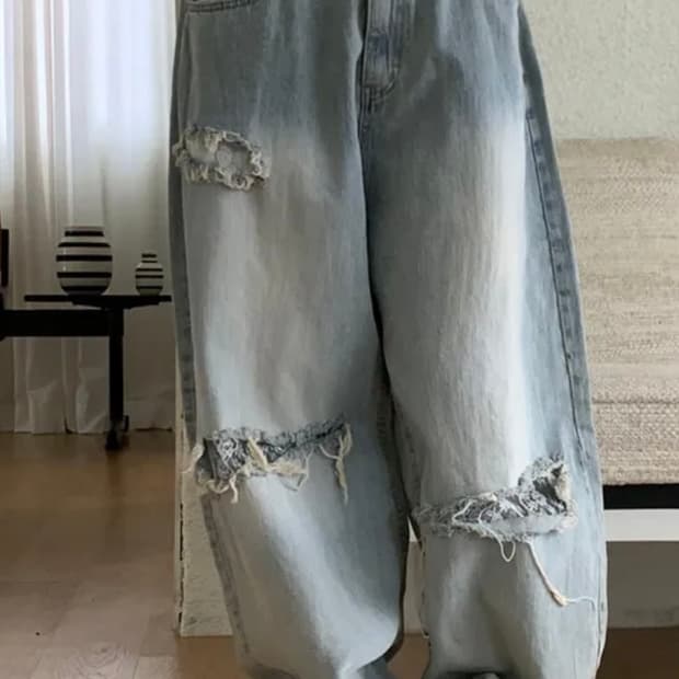 레이스 데미지 빈티지 워싱 연청 팬츠