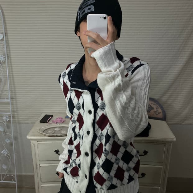 빈티지 화이트 아가일 니트 y2k 스트릿 갸루 펑키 일본빈티지692