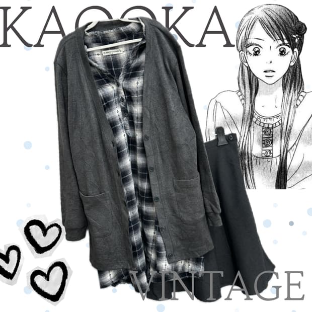 ☕️사와코의 체크 카페 데이트룩 코디세트☕️ 가디건 미디스커트 그레이