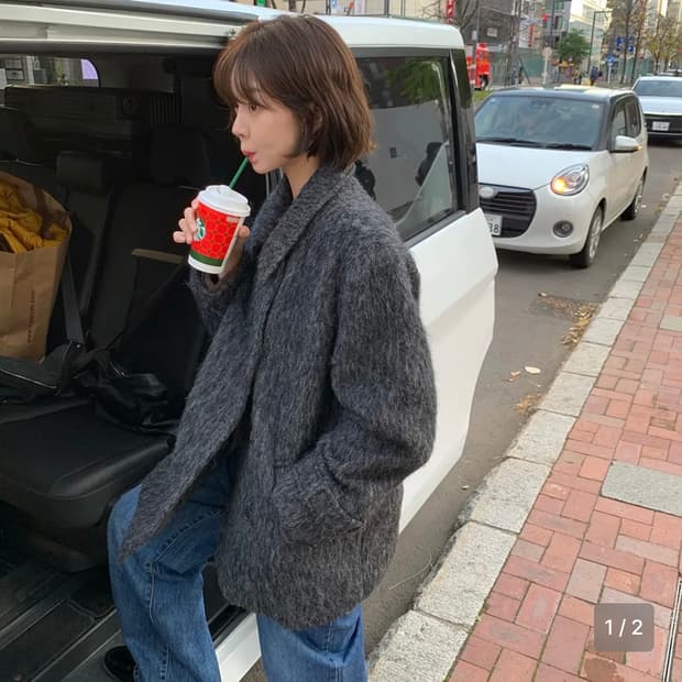 썸웨어버터 헤어리 울 하프코트 차콜