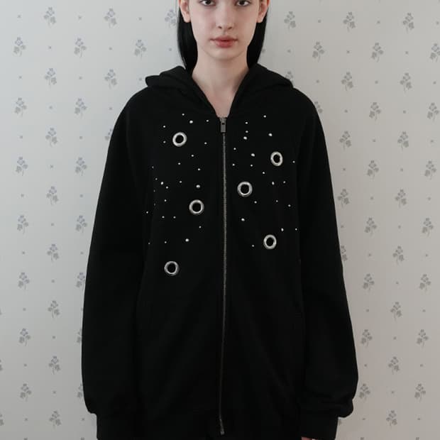 Stud Circle-ring Hoodie-Black   
