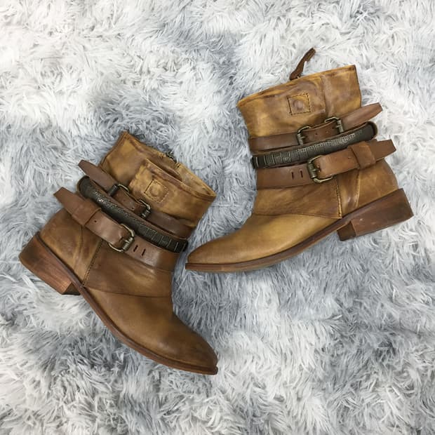 Distressed Buckle Combat Ankle Boots