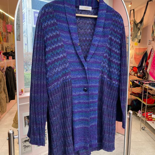 블루 롱 니트 가디건