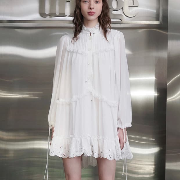 언티지 자수 레이스 러플 미니 원피스 드레스(White)