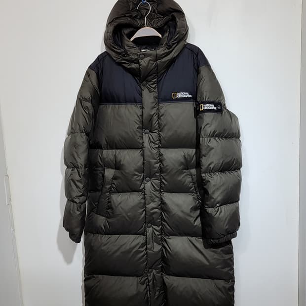 (L) 내셔널지오그래픽 오리털 롱패딩 와펜 다운코트 후드 