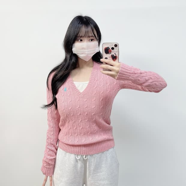 폴로 랄프로렌 포니 로고 램스울 케이블 브이넥 니트 핑크