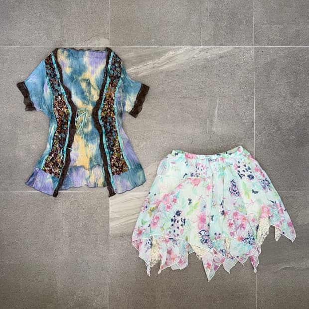 Blue lemon tie dye fairy floral blouse