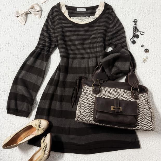 스트라이프 패턴 퍼프 슬리브 니트 원피스 (이너 세트 구매 가능)