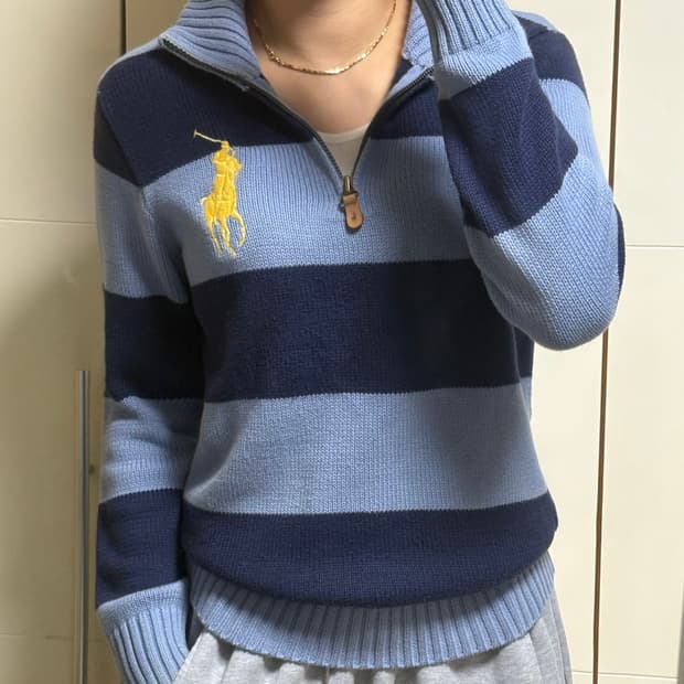 폴로 랄프로렌 빅포니 배색 베이비블루 니트 반집업 