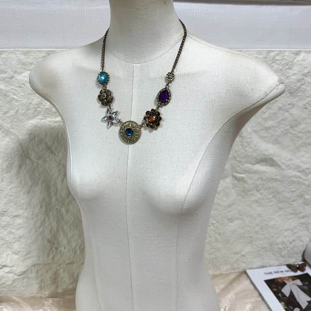 빈티지 황동 플라워 오리엔탈 쿠바체인 목걸이