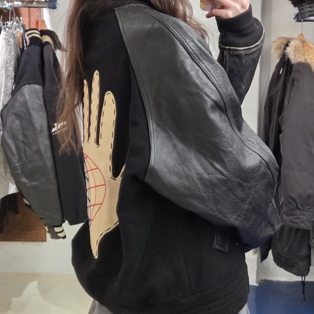 1990s 핸드패치 소가죽 울 바시티 자켓