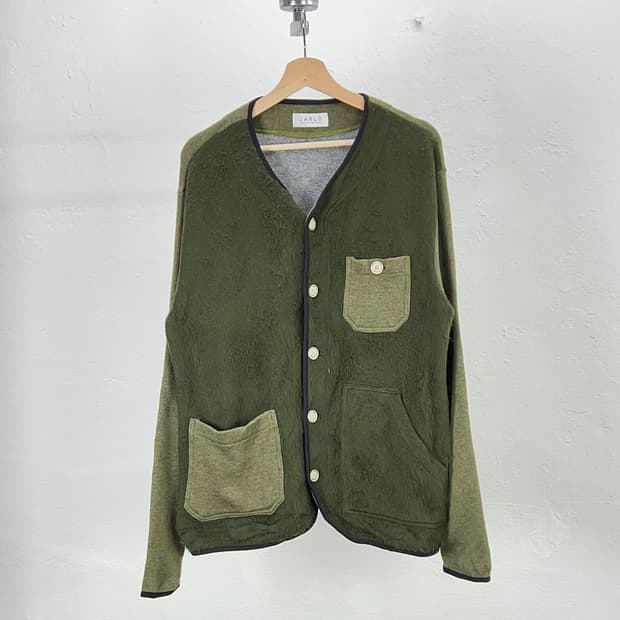 자알드 아마존 그린 라운드 버튼 업 패치 포켓 플리스 가디건 자켓