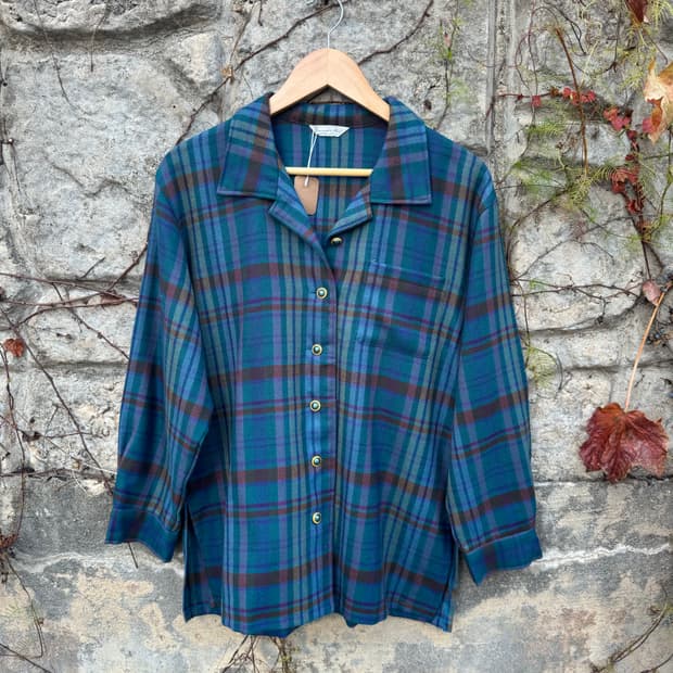 일본 빈티지 레트로 오픈 카라 단추 포인트 체크 플란넬 셔츠