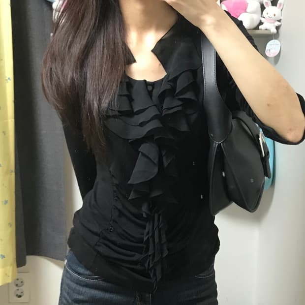 빈티지 레이스 단추 블랙 티셔츠 오네갸루 긱시크 고딕 페어리 달천깔 고스