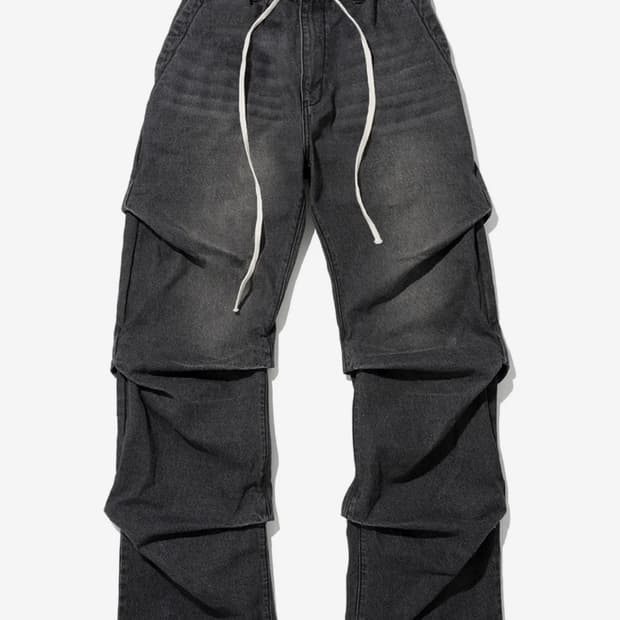 Shirring Wide Leg Denim Pants - Black 