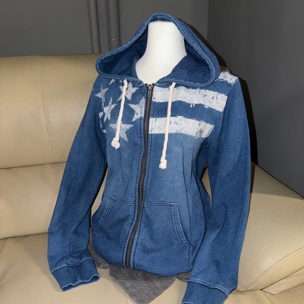 star pattern denim hood zip-up