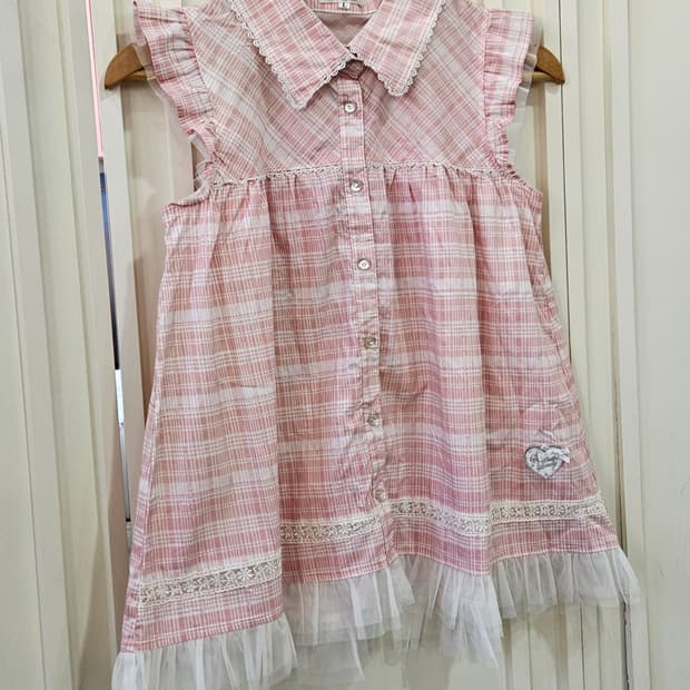 핑크 체크 레이스 튤 블라우스