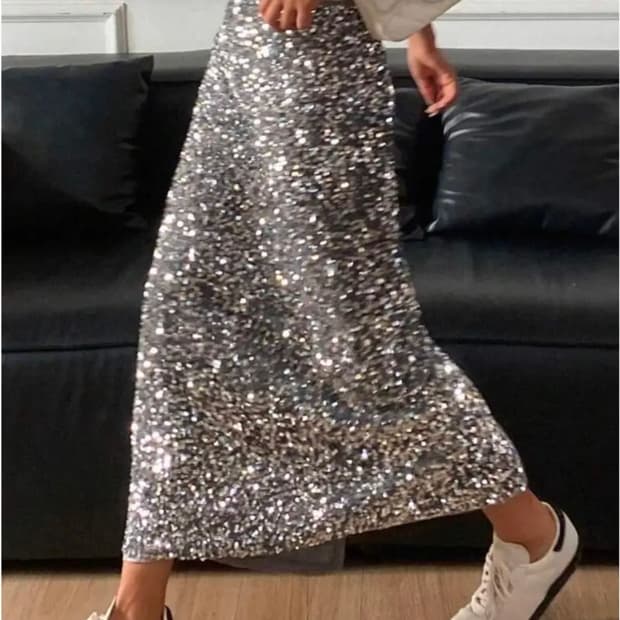 스팽글 롱 스커트 실버