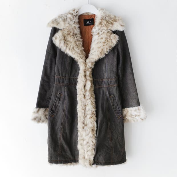 denim long fur jacket