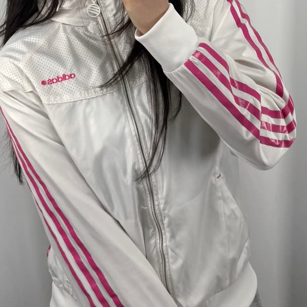 아디다스 핑크 라인 화이트 바람막이 자켓