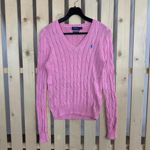 (XS) 폴로 랄프로렌 핑크 케이블 브이넥 니트 스웨터