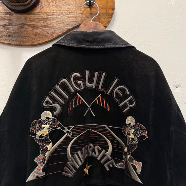 L) 90s France SINGULIER Suede Varsity Ja