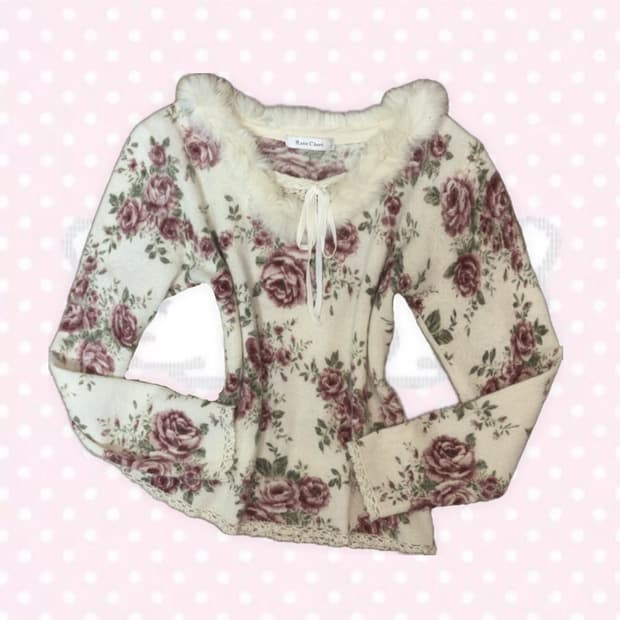 Rosa Cheri 로즈 플라워 퍼 카라 블라우스 털 긴팔 탑 상의