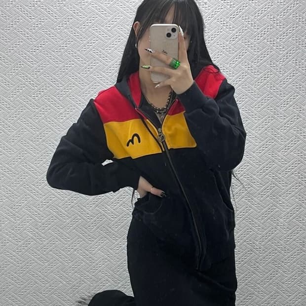 에비수 빈티지 레트로 컬러블럭 약기모 후드집업 M C08649