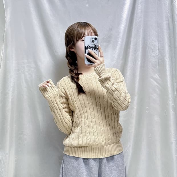 폴로 랄프로렌 베이지 화이트포니 꽈배기 니트 