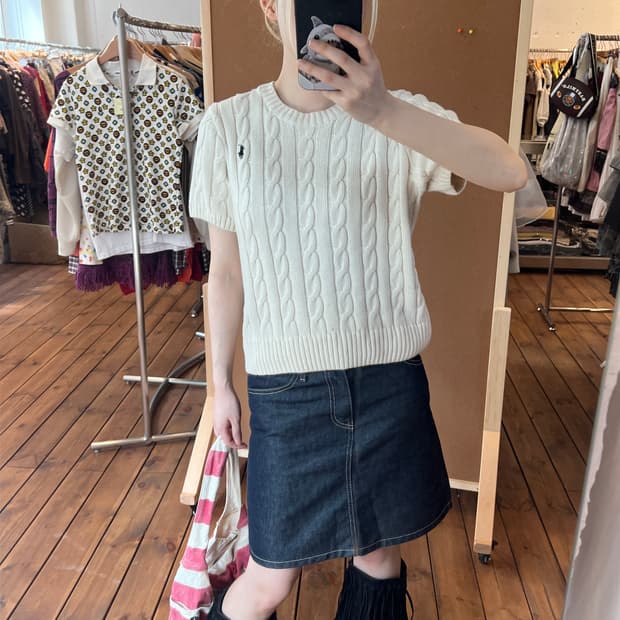 폴로 아이보리 꽈배기 반팔 니트