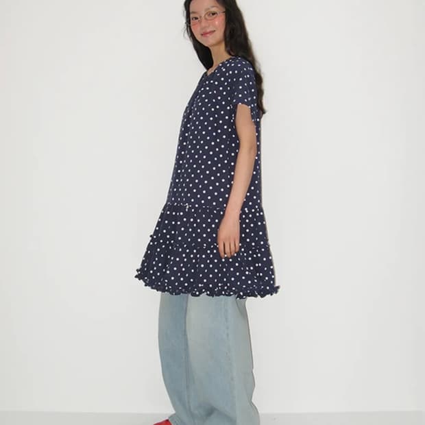 론론 프릴 도트 원피스 네이비 반택포