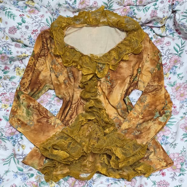 빈티지)플로럴 프릴 옐로우 레이스 보헤미안 모리걸st 로맨틱 블라우스