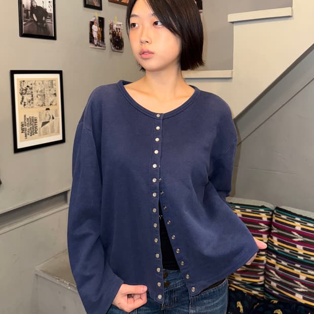 Agnes B navy snap-button fleece cardigan