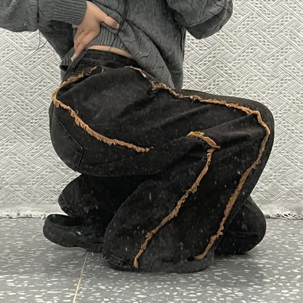 빈티지 테슬 라인 디테일 흑청 와이드 데님 팬츠 28인치 C06428