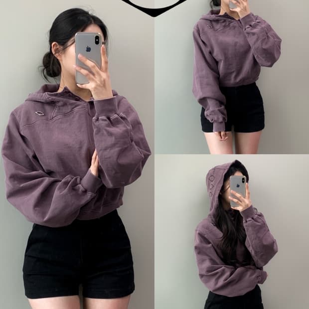 미스치프 사이드버튼 크롭 후드티