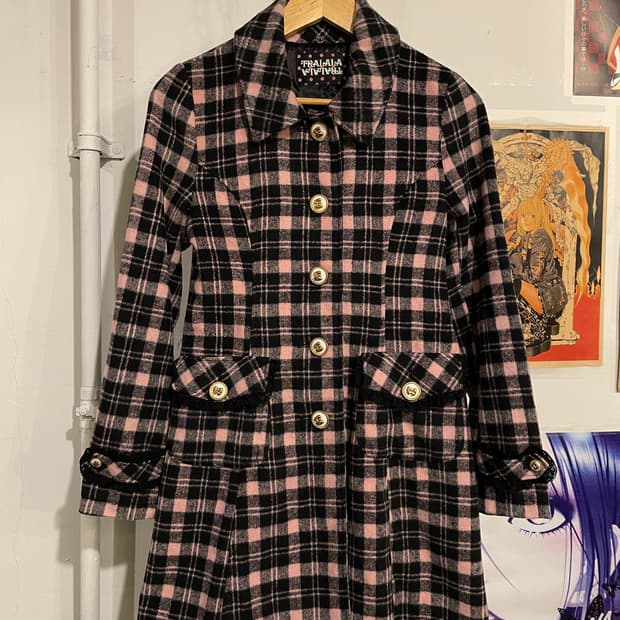 tralala 트랄랄라 리본 버튼 핑크 체크 코트 갸루 러블리