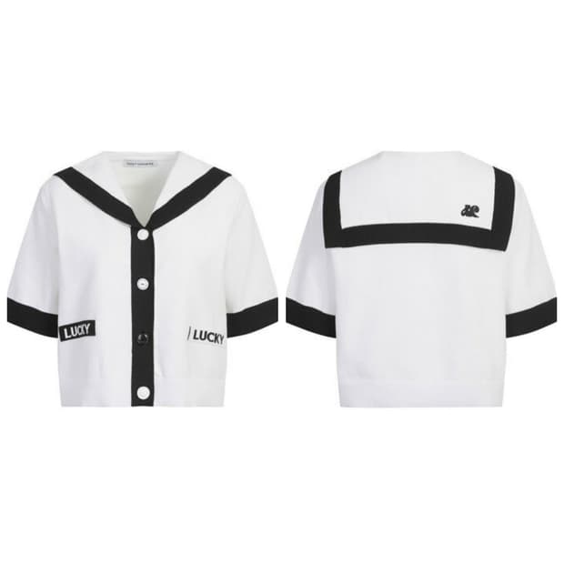 급처상태좋음!럭키슈에뜨 세일러카라 니트 반팔 가디건 프리사이즈