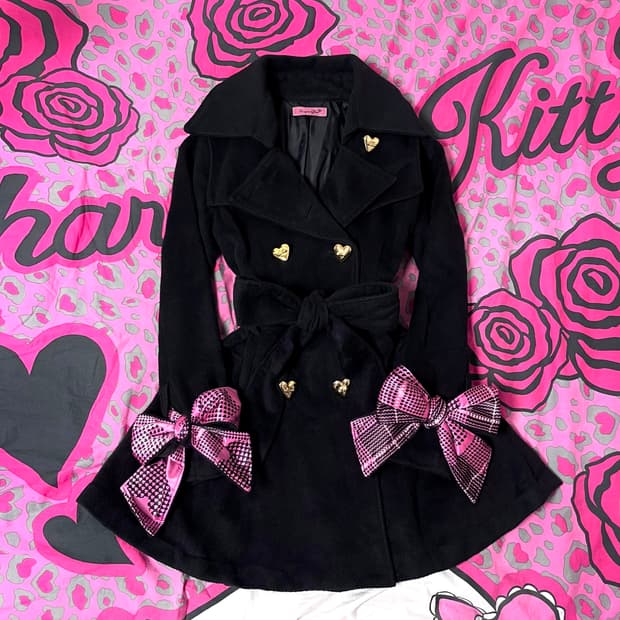 MA*RS마즈 블랙핑크 하트체크 리본 금장 코트 히메오네갸루109핀터대장